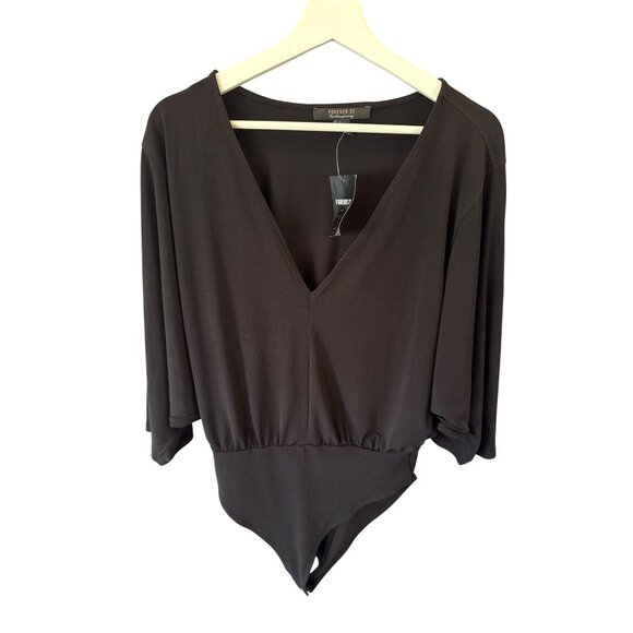 Forever 21 Contemporary Black V-Neck Long Sleeve Snap Closure Bodysuit L Career - Picture 1 of 9